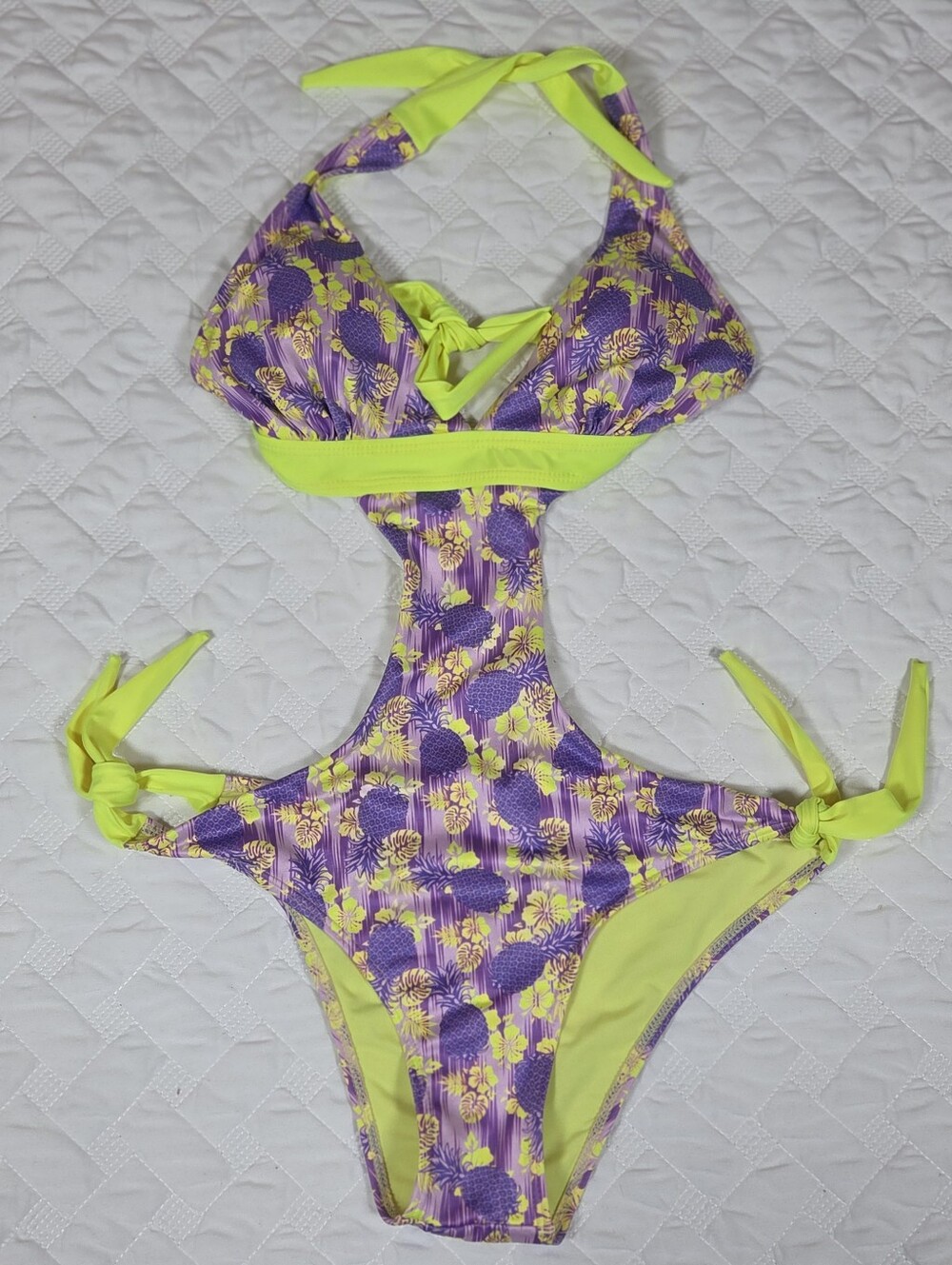Colombian One Piece Monokini Pineapple Floral Halter Tie Side Swimsuit Size 32